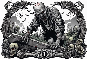 Zombie crawling out of grave. 
MIW Reincarnate written on gravestone tattoo idea