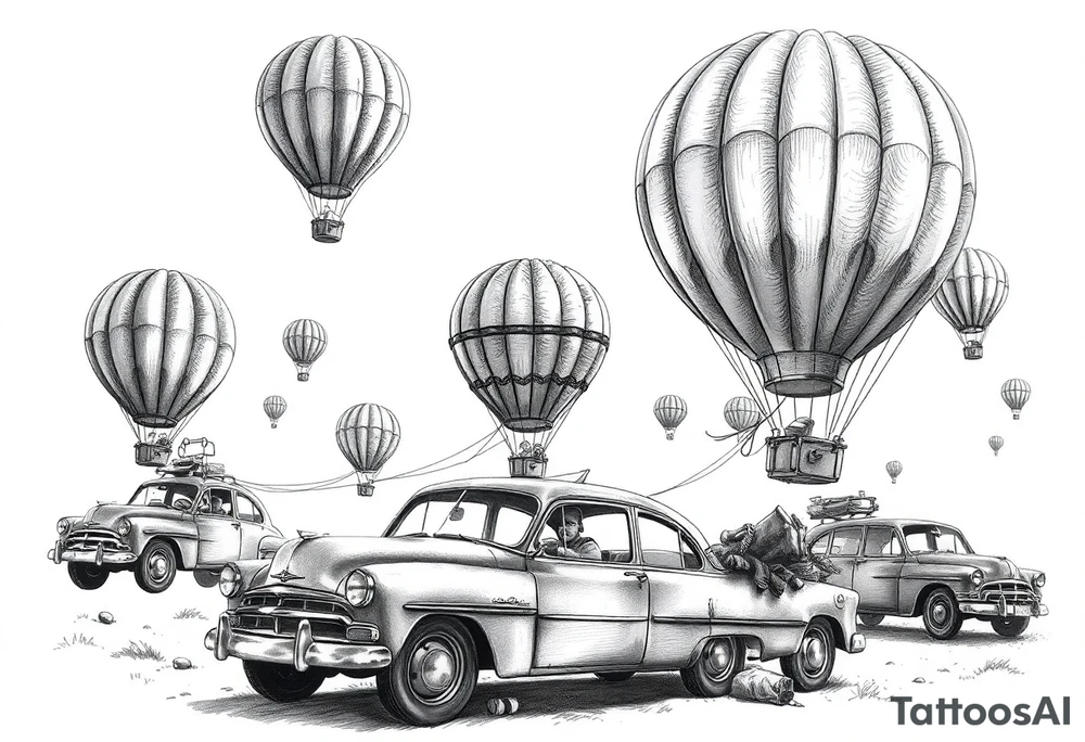 in a very steam punk vibe i want you to make a picture of a bunch of old beat up cars with people lounging in them and garbage and junk all up in and on them, tied to hot air balloons floating in the sky right about dusk and they are as far as the eye can see i want the cars to be floating as if they were the basket to the hot air balloons tattoo idea
