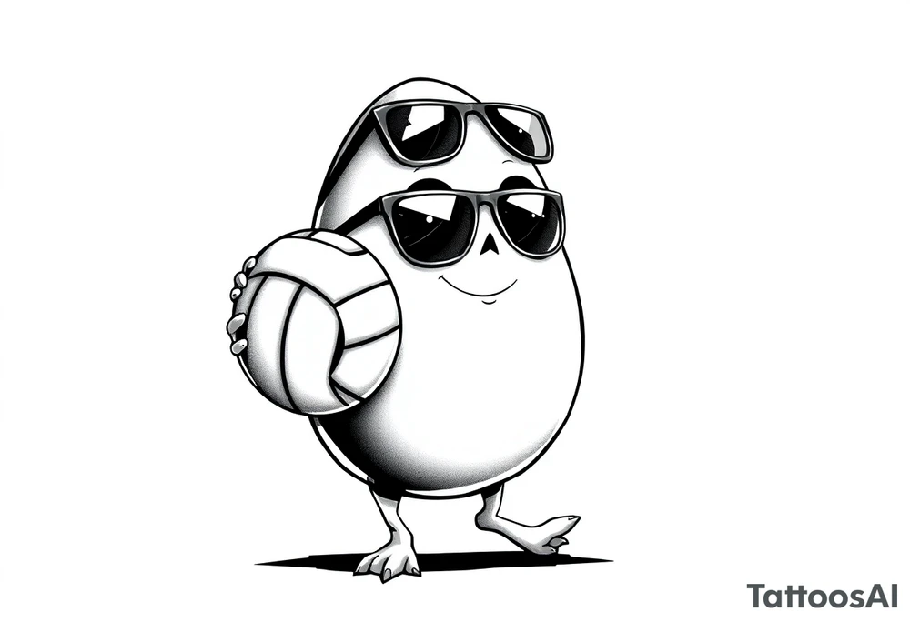 walking egg in sunglasses , holding a volleyball tattoo idea