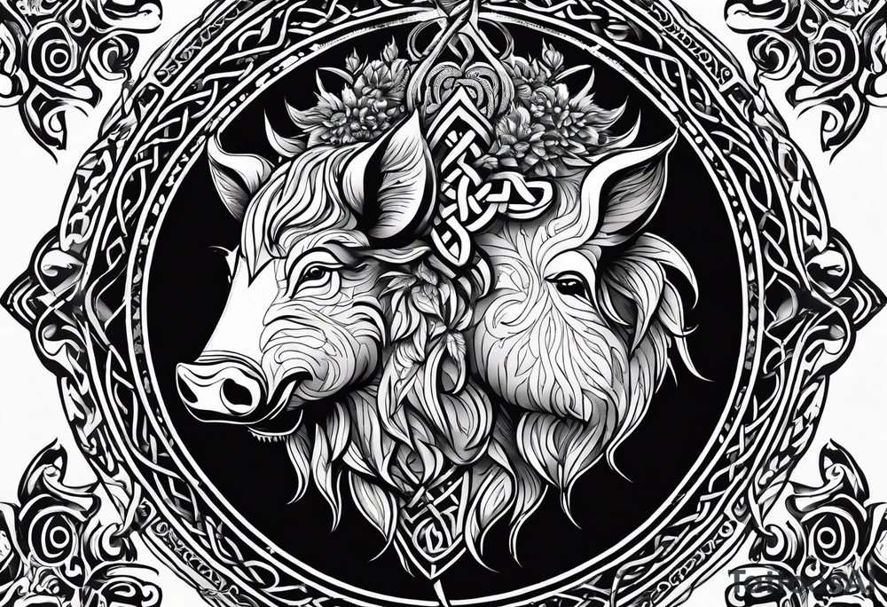 A classic tribal Celtic boar Integrated with a Chatwin, family crest and a Thistle tattoo idea