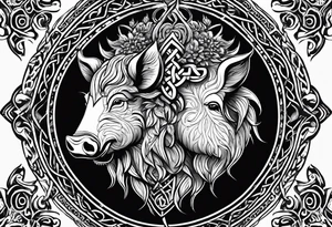 A classic tribal Celtic boar Integrated with a Chatwin, family crest and a Thistle tattoo idea