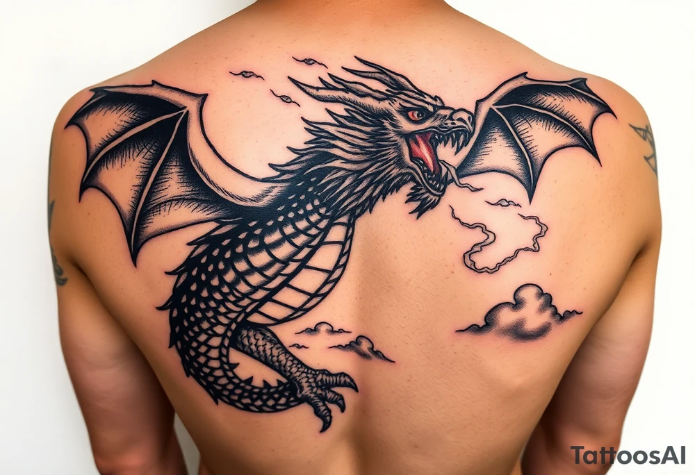 fierce dragon breathing iridescent fire against stormy skies tattoo idea
