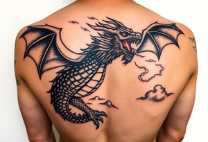 fierce dragon breathing iridescent fire against stormy skies tattoo idea