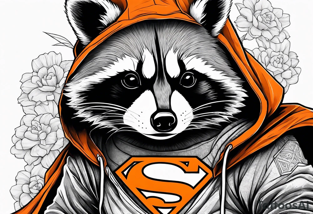 Raccoon wearing an orange Superman hoodie tattoo idea