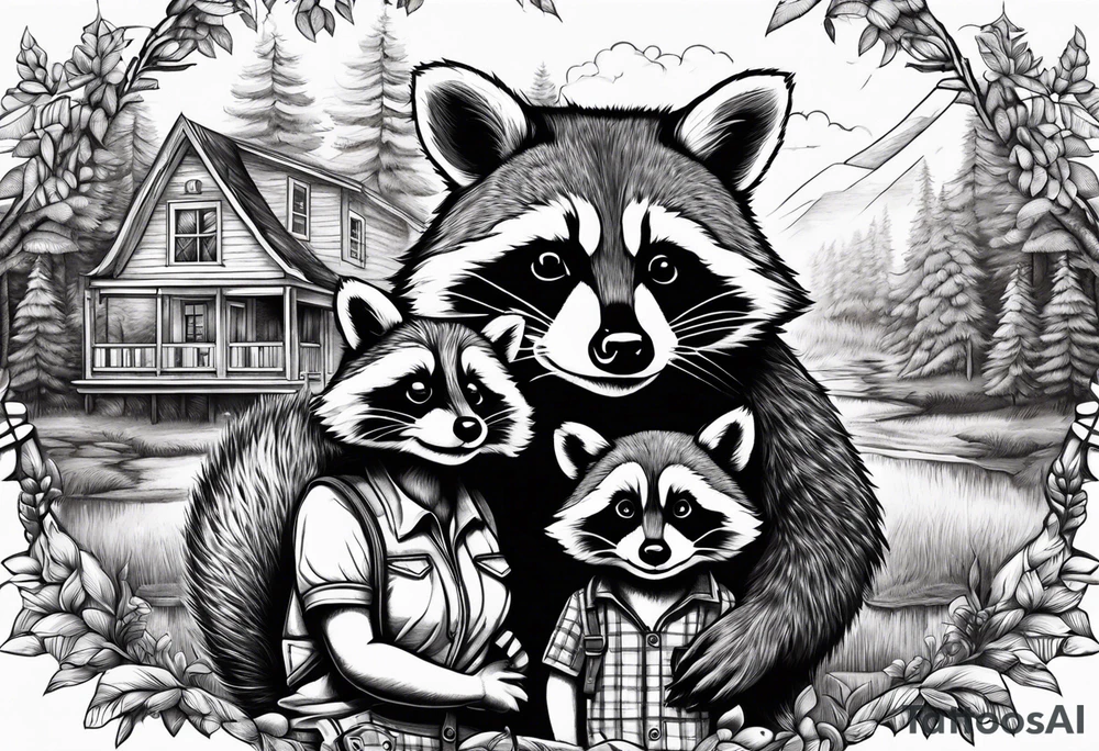 Hard working Raccoon Husband with wife ans child.
Background House and woods tattoo idea