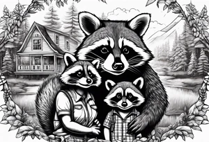 Hard working Raccoon Husband with wife ans child.
Background House and woods tattoo idea