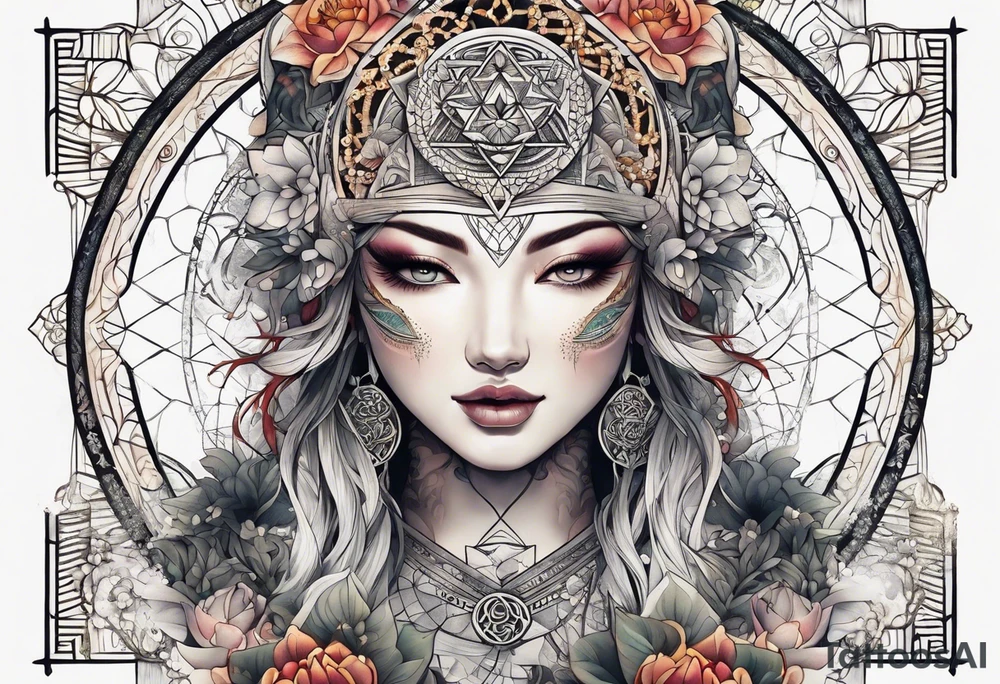 front knee tattoo with sacred geometry, swirls & washes, background tattoo idea