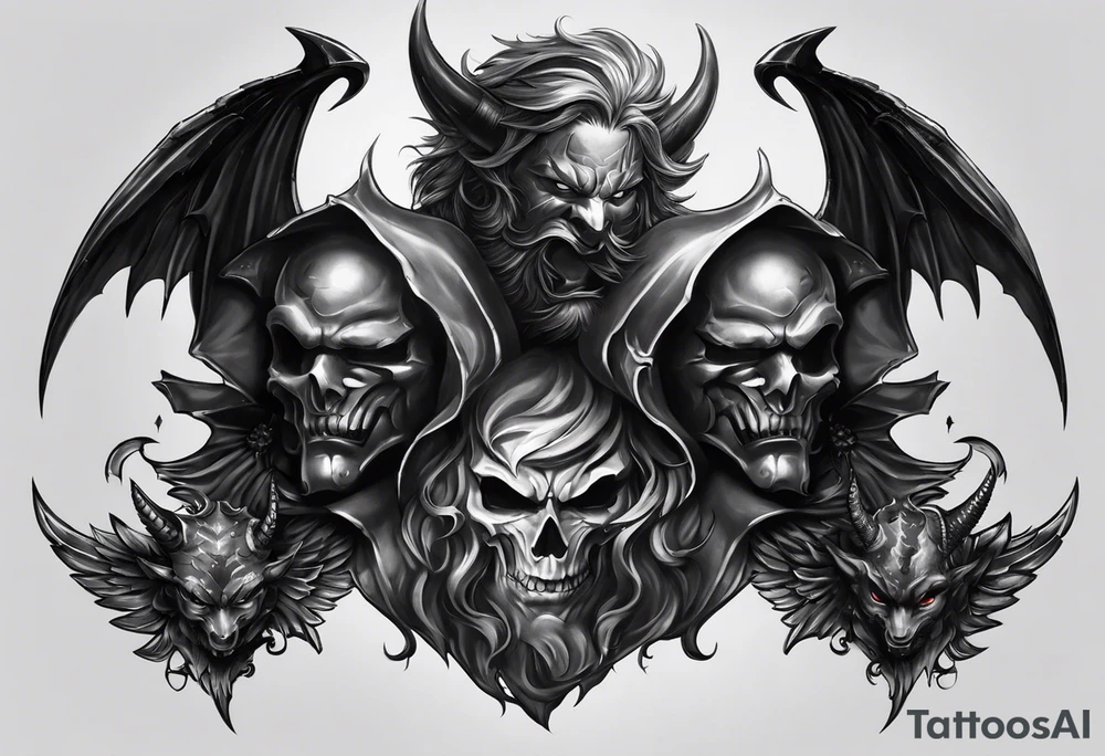 Good vs evil chest piece. On the left side it would be two devils, and on the right there would be two angels. Both sides are in battle, one of the angels has a gun aimed at the devil, while the other angel has a face mask. tattoo idea