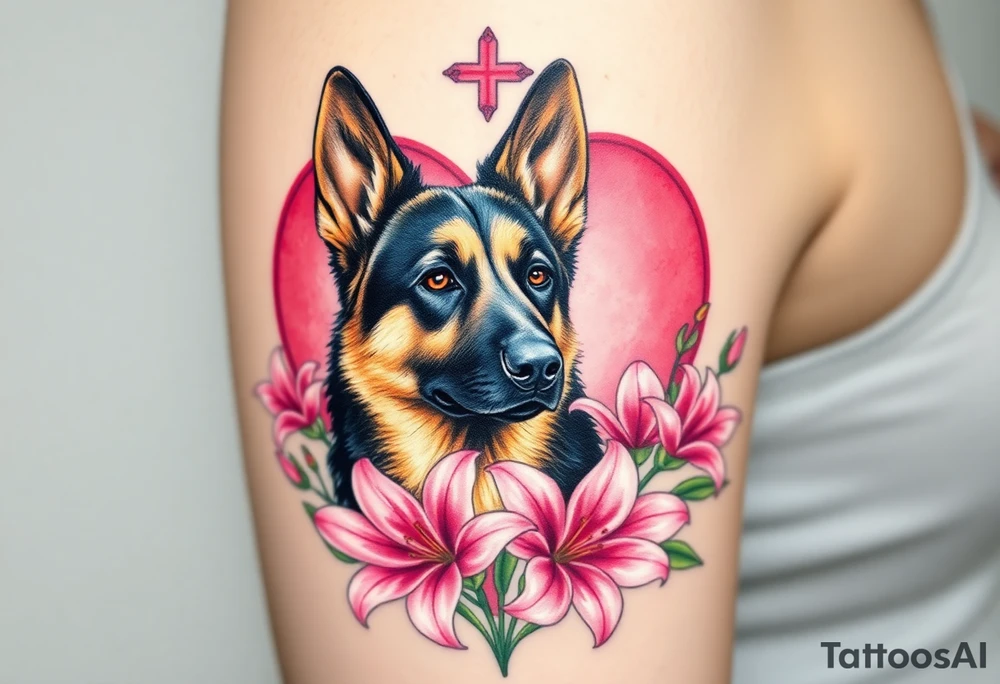 realistic german shepherd dog with pink lily flowers in front of sacred heart tattoo idea