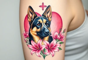 realistic german shepherd dog with pink lily flowers in front of sacred heart tattoo idea