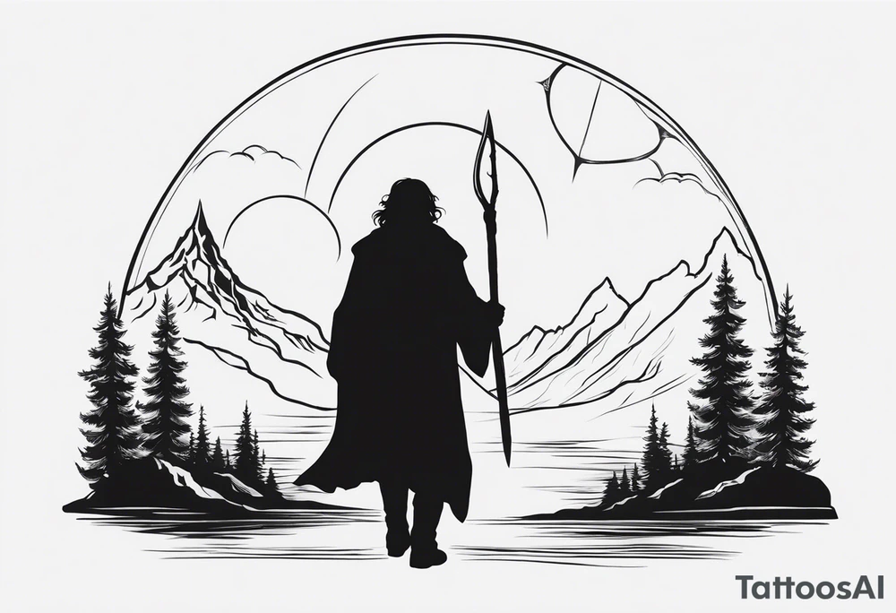 Lord of the rings main with Harry Potter mashup but clear independent visual of both movies. Small simple dainty fine line and minimal. No people silhouette in it. Not too much black. Hobbit door tattoo idea