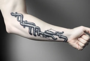 Top pipe starts closer to the elbow, long System of pipes that transitions and transforms into veins of forearm tattoo idea