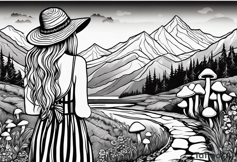 Straight long blonde hair hippie girl in distance holding mushrooms in hand facing away toward mountains and creek surrounded by mushrooms black and white striped dress tattoo idea