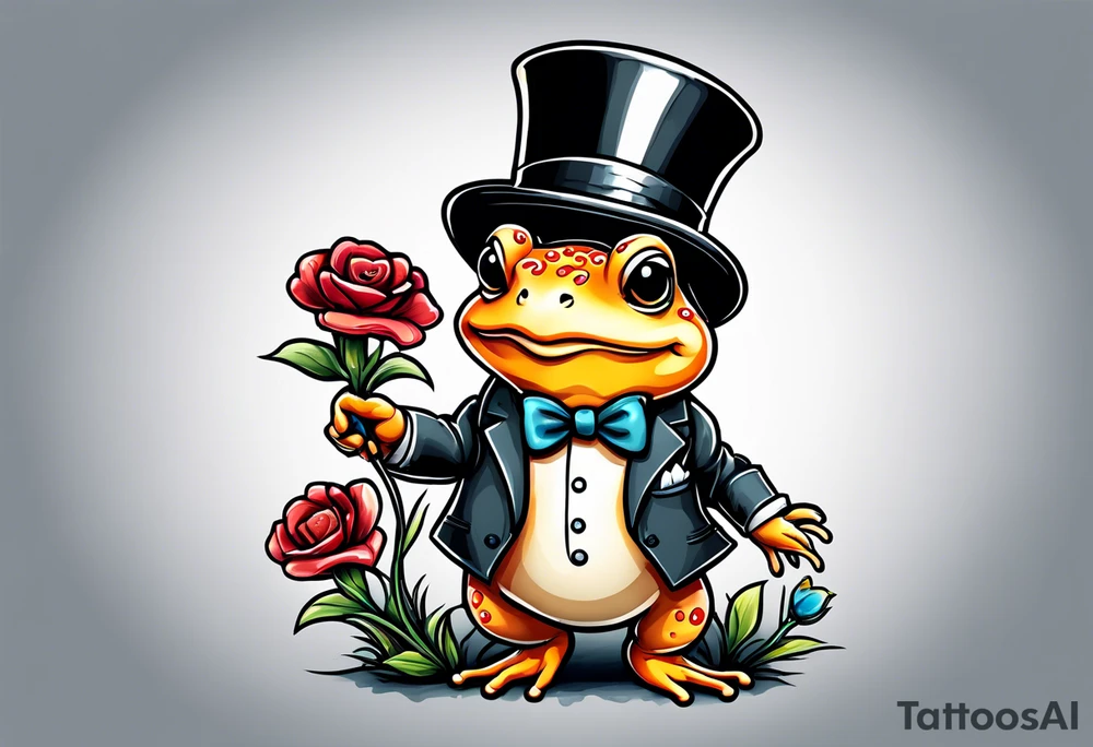 Cute toad standing on back legs  in a top hat and a formal suit holding flowers to go on a date tattoo idea