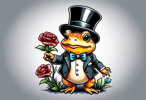 Cute toad standing on back legs  in a top hat and a formal suit holding flowers to go on a date tattoo idea