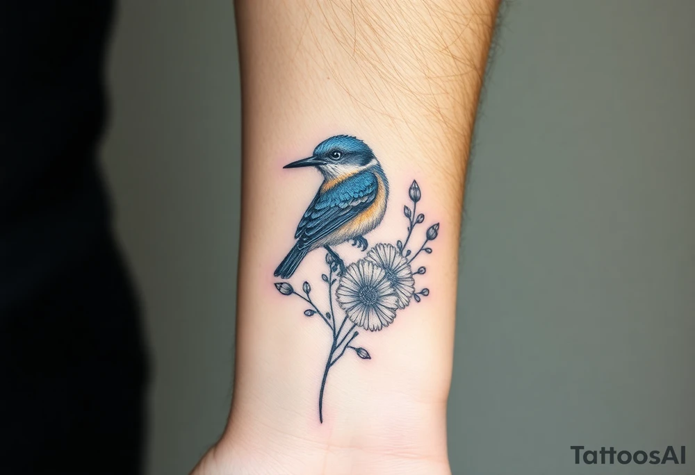 Bluebird with wild flowers tattoo idea
