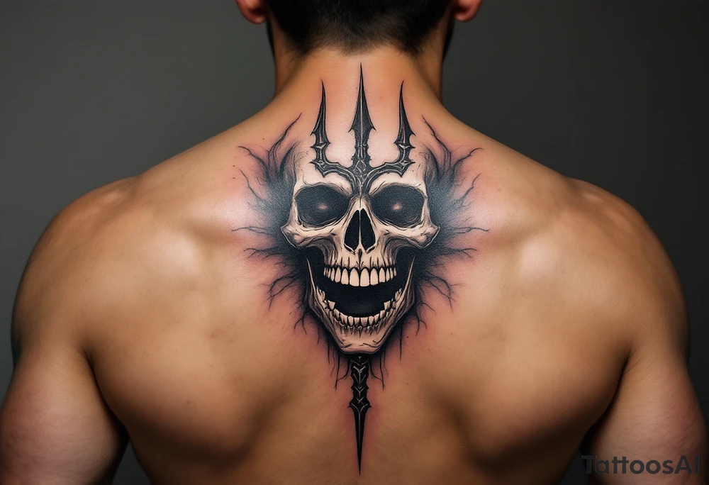 laughing skeleton face behind trident tattoo idea