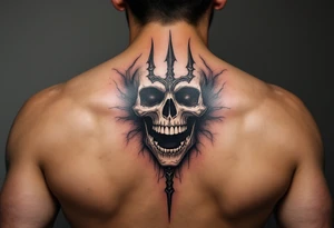 laughing skeleton face behind trident tattoo idea
