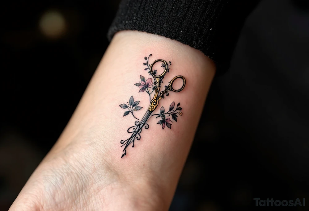 Classic Vintage Scissors Tattoo – Detailed silver vintage scissors with ornate handles, shaded in gray and black for a timeless, elegant look, surrounded by soft floral accents in muted pinks and yellows. tattoo idea