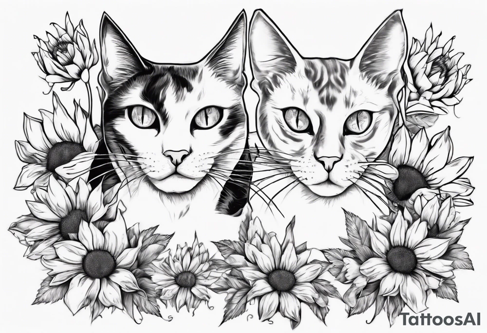 Maine coon cat and a grey cat with extra toes playing together with sun flowers tattoo idea