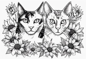 Maine coon cat and a grey cat with extra toes playing together with sun flowers tattoo idea