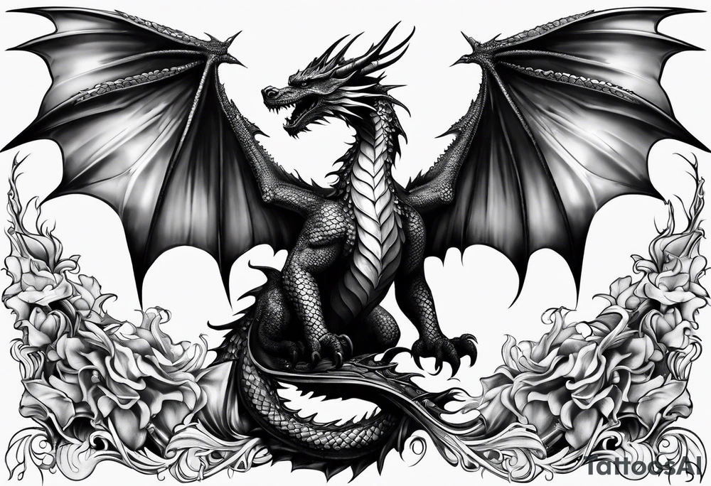 Mother dragon wings spread protecting her 3 young dragons tattoo idea