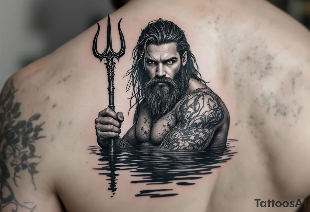 young, fit poseidon in calm water, holding a trident, holding a beer, looking at you tattoo idea