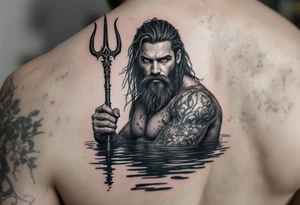 young, fit poseidon in calm water, holding a trident, holding a beer, looking at you tattoo idea