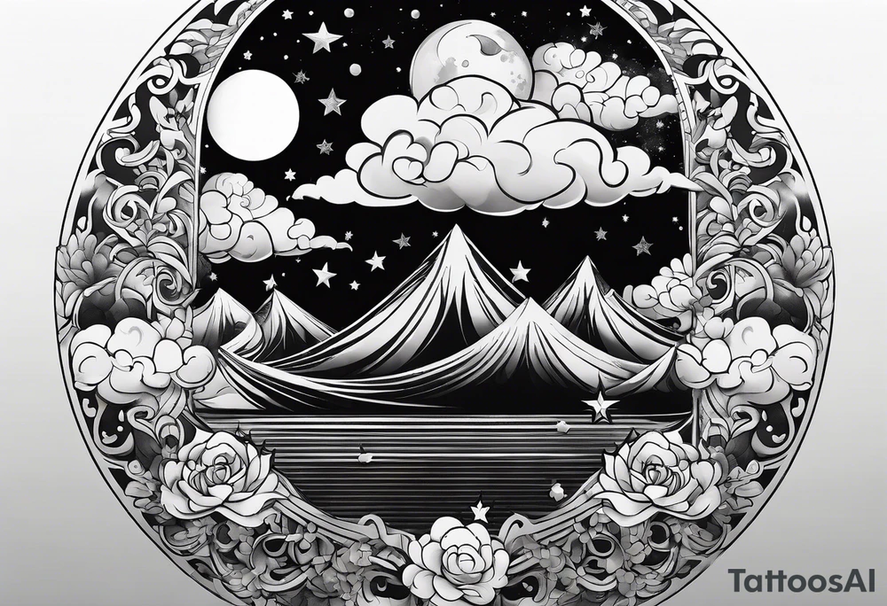 A bay wrapped in clouds and smoke with stars and sparkles and a moon tattoo idea