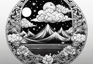 A bay wrapped in clouds and smoke with stars and sparkles and a moon tattoo idea