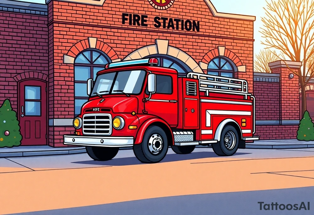 A fire station with an old-school red fire truck parked in front, with warm brick textures and golden sunlight casting long shadows. tattoo idea