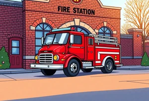 A fire station with an old-school red fire truck parked in front, with warm brick textures and golden sunlight casting long shadows. tattoo idea