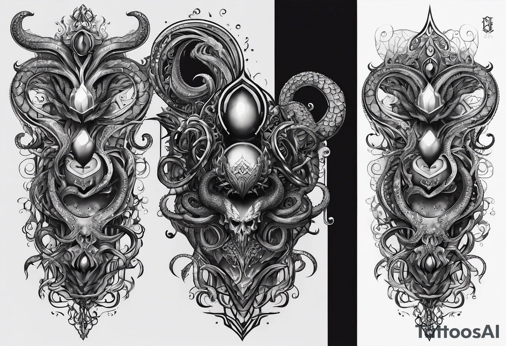 Long tattoo for forearm. Lovecraftian creature, with technological elements. Tentacles protect a heart. tattoo idea