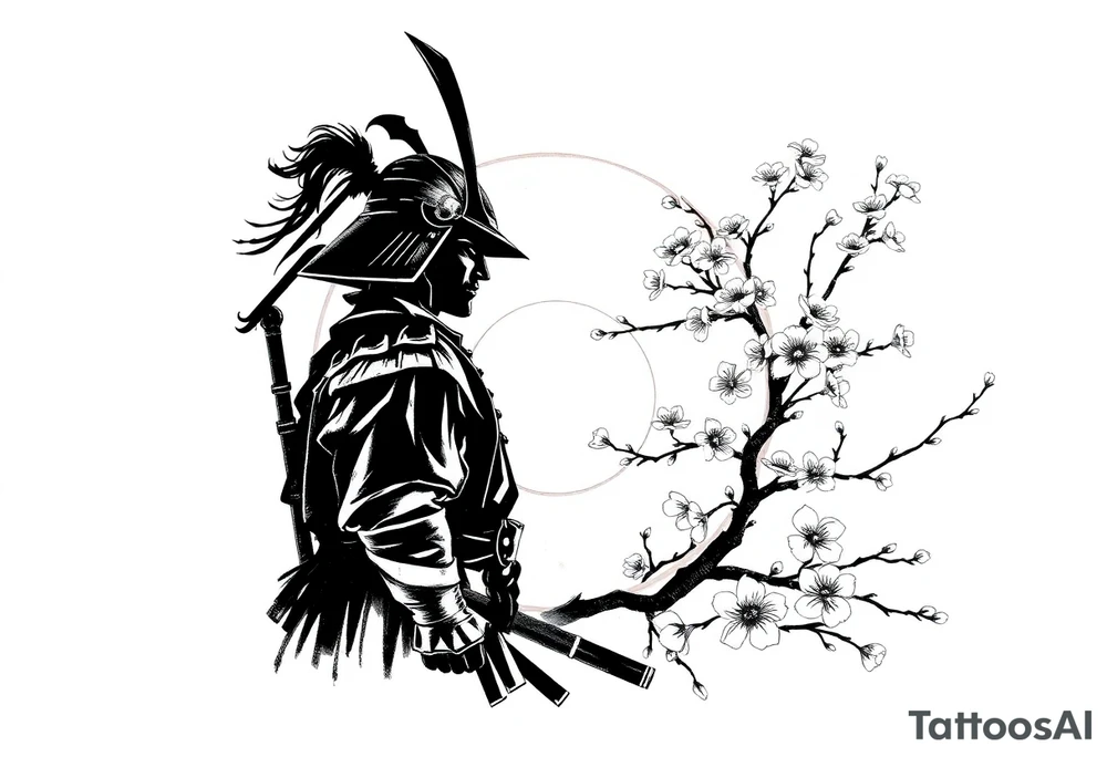 noble samurai warrior silhouette at sunset with cherry blossoms tattoo idea