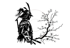 noble samurai warrior silhouette at sunset with cherry blossoms tattoo idea