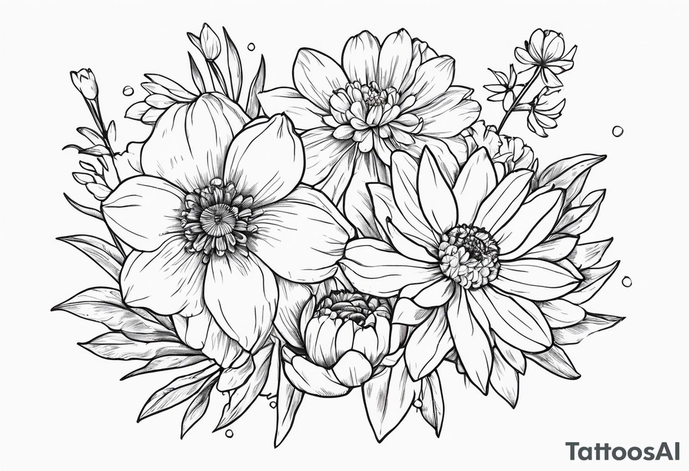 Narcissus, CHRYSANTHEMUM, COSMOS, SNOW DROP in a bouquet tattoo idea