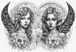 Two angels as brothers embedded in flower of life tattoo idea