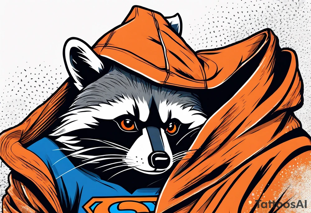Raccoon wearing an orange Superman hoodie tattoo idea
