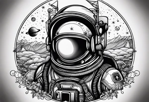 Craft an intricate black and white tattoo design inspired by the themes and imagery from Ray Bradbury's "Cosmonaut" and the poignant lyrics of Elton John's "Rocket Man." tattoo idea