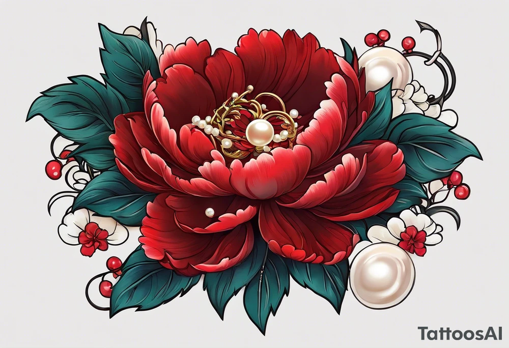 Red peony with dangling pearl necklace and rabbit tattoo idea