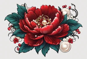 Red peony with dangling pearl necklace and rabbit tattoo idea