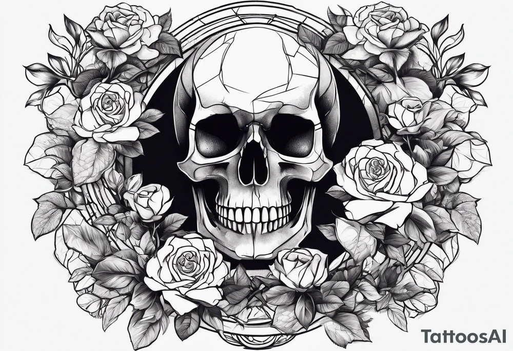 A skull in the middle surrounded by rose flowers dark theme tattoo idea