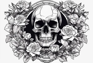 A skull in the middle surrounded by rose flowers dark theme tattoo idea