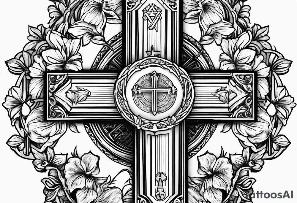 Cross with text In GOD we trust, flowers tattoo idea