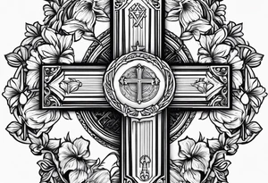 Cross with text In GOD we trust, flowers tattoo idea