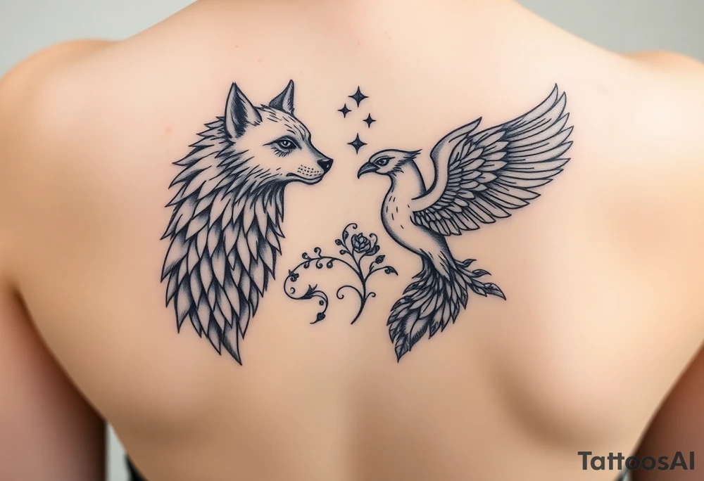 An open book with a werewolf, owl, dragon & phoenix tattoo idea An open book with a werewolf, owl, dragon & phoenix tattoo idea