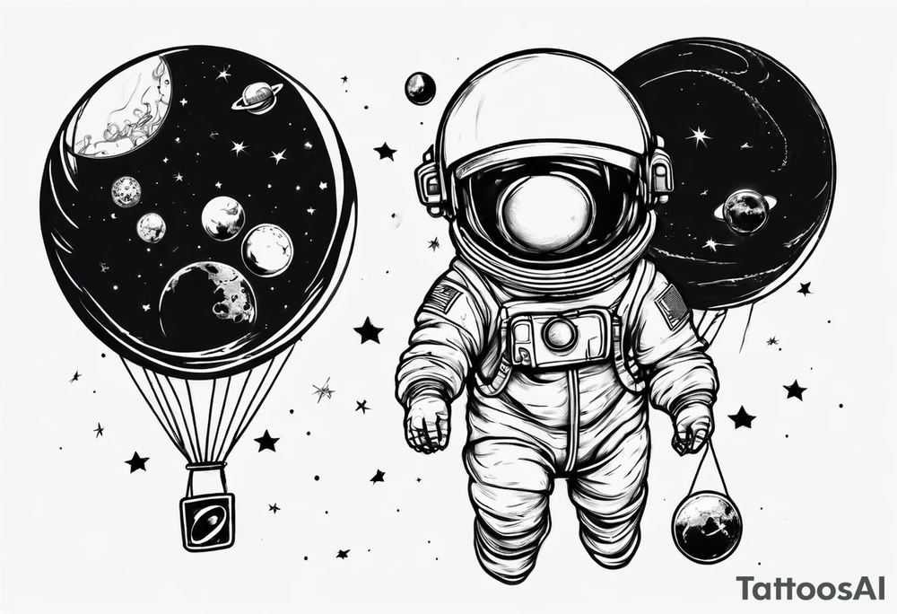 astronaut holding in hand  several balloons but balloons are planets tattoo idea