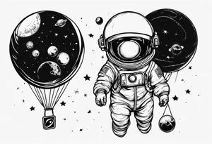 astronaut holding in hand  several balloons but balloons are planets tattoo idea