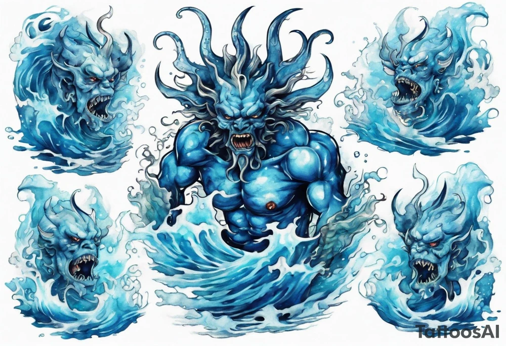 a beautiful blue sea demon standing in the sea surrounded by crashing waves tattoo idea