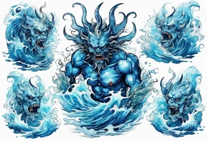 a beautiful blue sea demon standing in the sea surrounded by crashing waves tattoo idea